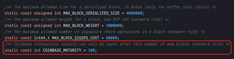 consensus.h에 정의된 COINBASE_MATURITY